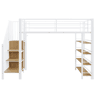 Cama alta 90*200 cm - Com escada de segurança, arrumação, pequeno armário, prateleiras, design com cerca alta - Branco
