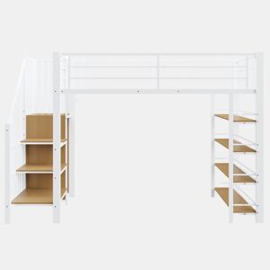Cama alta 90*200 cm - Com escada de segurança, arrumação, pequeno armário, prateleiras, design com cerca alta - Branco