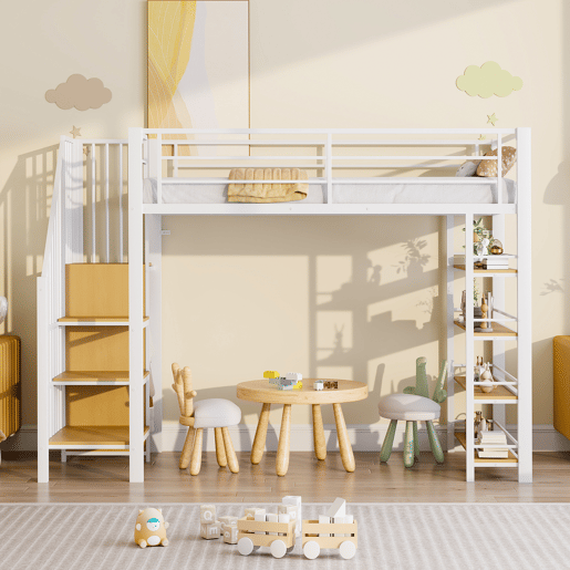 Cama alta 90*200 cm - Com escada de segurança, arrumação, pequeno armário, prateleiras, design com cerca alta - Branco Cama alta 90*200 cm - Com escada de segurança, arrumação, pequeno armário, prateleiras, design com cerca alta - Branco
