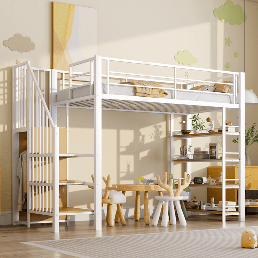 Cama alta 90*200 cm - Com escada de segurança, arrumação, pequeno armário, prateleiras, design com cerca alta - Branco Cama alta 90*200 cm - Com escada de segurança, arrumação, pequeno armário, prateleiras, design com cerca alta - Branco