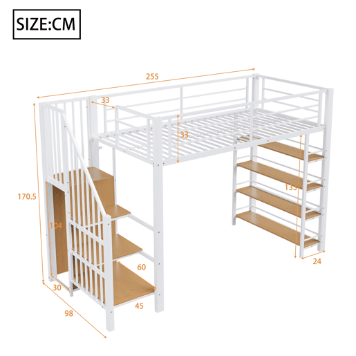 Cama alta 90*200 cm - Com escada de segurança, arrumação, pequeno armário, prateleiras, design com cerca alta - Branco Cama alta 90*200 cm - Com escada de segurança, arrumação, pequeno armário, prateleiras, design com cerca alta - Branco