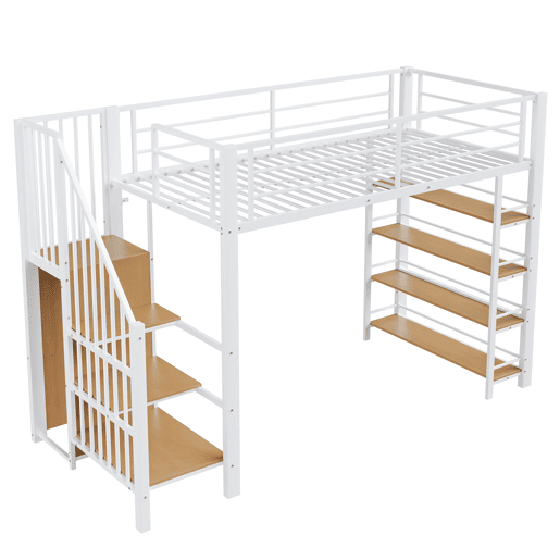Cama alta 90*200 cm - Com escada de segurança, arrumação, pequeno armário, prateleiras, design com cerca alta - Branco Cama alta 90*200 cm - Com escada de segurança, arrumação, pequeno armário, prateleiras, design com cerca alta - Branco