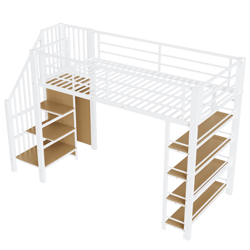 Cama alta 90*200 cm - Com escada de segurança, arrumação, pequeno armário, prateleiras, design com cerca alta - Branco Cama alta 90*200 cm - Com escada de segurança, arrumação, pequeno armário, prateleiras, design com cerca alta - Branco