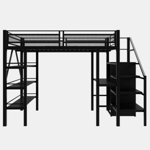 Cama alta 140*200 cm - Estante de três níveis, secretária, armário, escada de segurança com espaço de arrumação, design com cerca alta, cama de ferro, cama individual - Preta