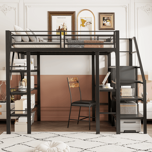 Cama alta 140*200 cm - Estante de três níveis, secretária, armário, escada de segurança com espaço de arrumação, design com cerca alta, cama de ferro, cama individual - Preta