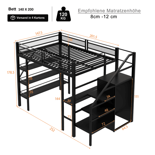 Cama alta 140*200 cm - Estante de três níveis, secretária, armário, escada de segurança com espaço de arrumação, design com cerca alta, cama de ferro, cama individual - Preta