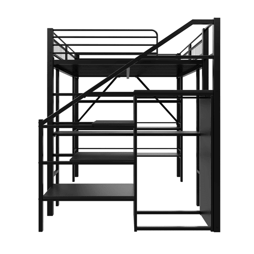 Cama alta 140*200 cm - Estante de três níveis, secretária, armário, escada de segurança com espaço de arrumação, design com cerca alta, cama de ferro, cama individual - Preta