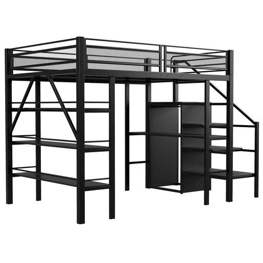 Cama alta 140*200 cm - Estante de três níveis, secretária, armário, escada de segurança com espaço de arrumação, design com cerca alta, cama de ferro, cama individual - Preta