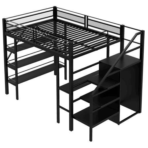 Cama alta 140*200 cm - Estante de três níveis, secretária, armário, escada de segurança com espaço de arrumação, design com cerca alta, cama de ferro, cama individual - Preta
