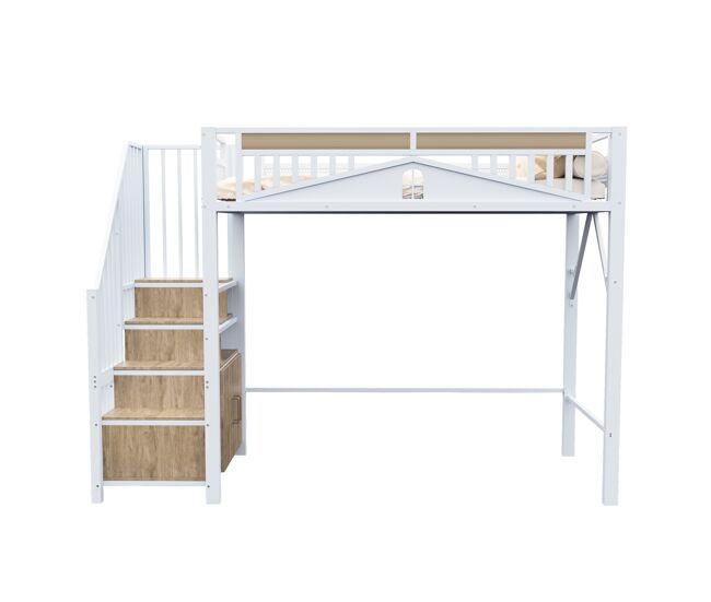 Cama alta metálica 90x200 cm - caseta de seguridad con ventana, escalera de seguridad con armario - blanco