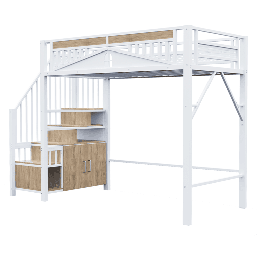 Cama alta metálica 90x200 cm - Casinha de segurança com janela, escada de segurança com armário - Branco