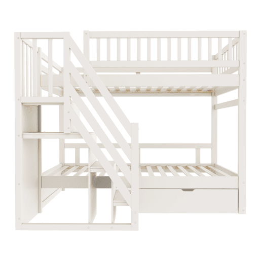 Cama beliche 90*200 cm - Com barreira de segurança alta, com estrado, escada de segurança com arrumação, com gavetas de arrumação - Branco