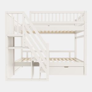 Cama beliche 90*200 cm - Com barreira de segurança alta, com estrado, escada de segurança com arrumação, com gavetas de arrumação - Branco