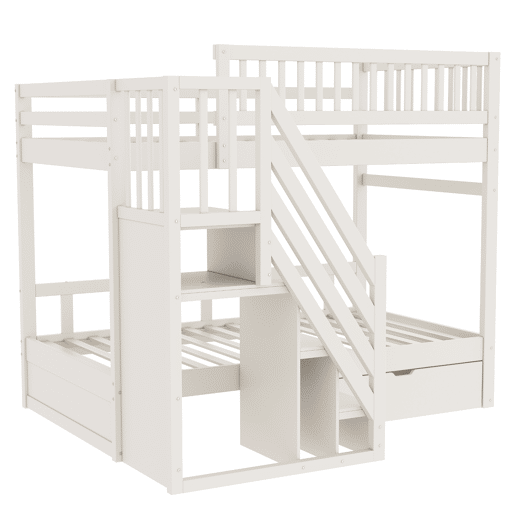 Cama beliche 90*200 cm - Com barreira de segurança alta, com estrado, escada de segurança com arrumação, com gavetas de arrumação - Branco