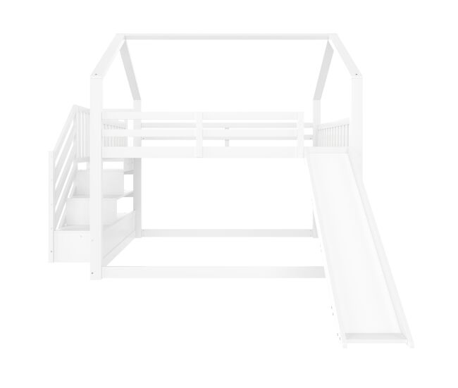Cama litera 140x200 cm - con escalera de almacenamiento, tobogán, cama con barandillas - blanco