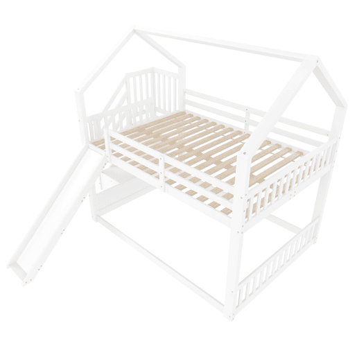 Cama beliche 140x200 cm - com escada de arrumação, escorrega, cama com grades - Branco