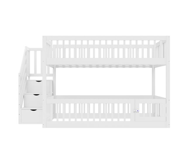 Cama litera 140x200 - cama individual de madera con escalera de seguridad y cajones de almacenamiento - blanco