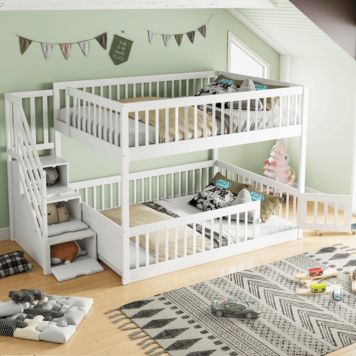Cama beliche 140x200 - cama individual de madeira com escada de segurança e gavetas de arrumação - branco