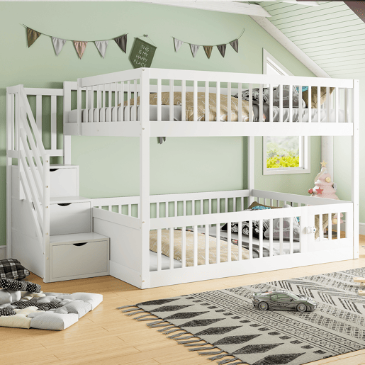 Cama beliche 140x200 - cama individual de madeira com escada de segurança e gavetas de arrumação - branco
