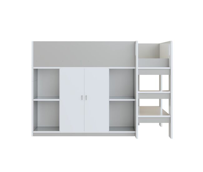 Cama alta multifuncional 90x200 - con almacenamiento, armario y estantes, cama infantil con escalera y construcción estable - gris