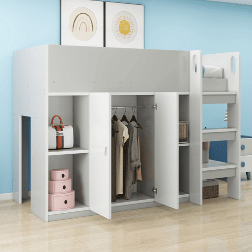 Cama alta multifuncional 90x200 - Com arrumação, armário e prateleiras, cama infantil com escada e construção estável - Cinza