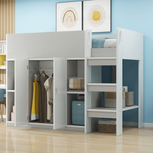 Cama alta multifuncional 90x200 - Com arrumação, armário e prateleiras, cama infantil com escada e construção estável - Cinza
