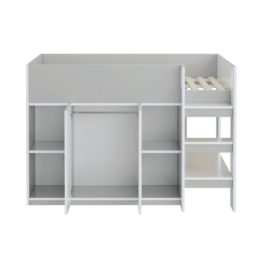 Cama alta multifuncional 90x200 - Com arrumação, armário e prateleiras, cama infantil com escada e construção estável - Cinza