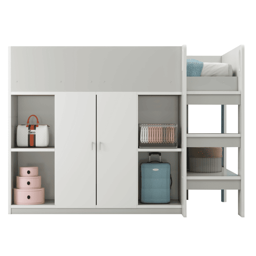 Cama alta multifuncional 90x200 - Com arrumação, armário e prateleiras, cama infantil com escada e construção estável - Cinza