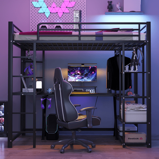Cama alta 90*200 - Cama infantil com escada e mesa com suspensão simples e compartimentos de arrumação - Preto