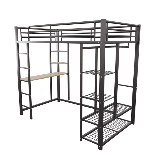 Cama alta 90*200 - Cama infantil com escada e mesa com suspensão simples e compartimentos de arrumação - Preto