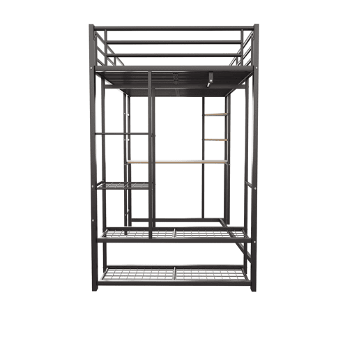Cama alta 90*200 - Cama infantil com escada e mesa com suspensão simples e compartimentos de arrumação - Preto