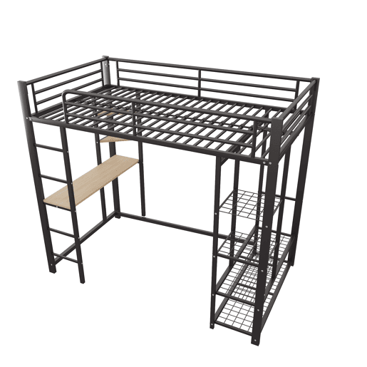 Cama alta 90*200 - Cama infantil com escada e mesa com suspensão simples e compartimentos de arrumação - Preto