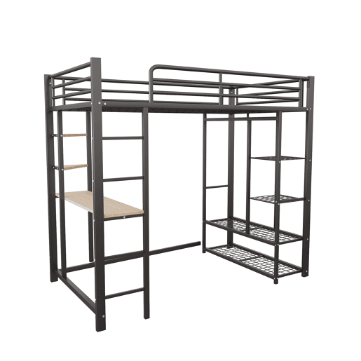 Cama alta 90*200 - Cama infantil com escada e mesa com suspensão simples e compartimentos de arrumação - Preto