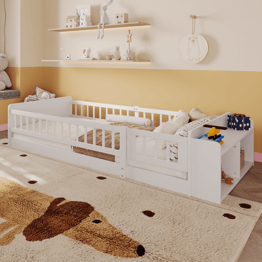 Cama infantil 90x200cm - Madeira de pinho, Armazenamento aberto, Prateleiras, Caixa rebatível - Branco