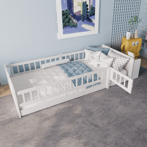 Cama infantil 90x200cm - Madeira de pinho, Armazenamento aberto, Prateleiras, Caixa rebatível - Branco