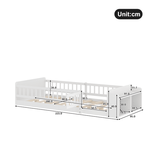 Cama infantil 90x200cm - Madeira de pinho, Armazenamento aberto, Prateleiras, Caixa rebatível - Branco