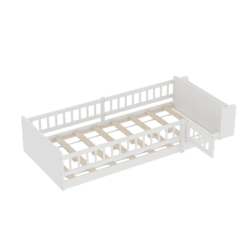 Cama infantil 90x200cm - Madeira de pinho, Armazenamento aberto, Prateleiras, Caixa rebatível - Branco