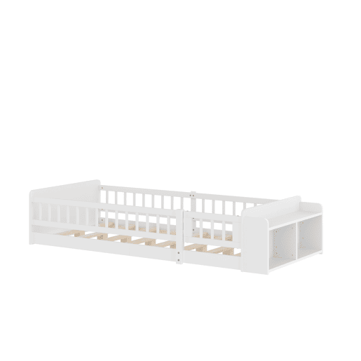Cama infantil 90x200cm - Madeira de pinho, Armazenamento aberto, Prateleiras, Caixa rebatível - Branco