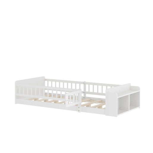 Cama infantil 90x200cm - Madeira de pinho, Armazenamento aberto, Prateleiras, Caixa rebatível - Branco