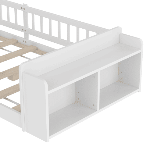 Cama infantil 90x200cm - Madeira de pinho, Armazenamento aberto, Prateleiras, Caixa rebatível - Branco