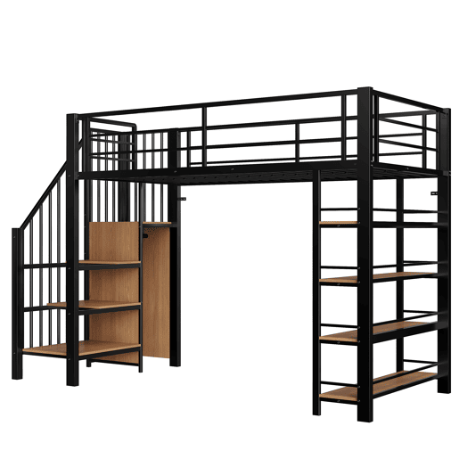 Cama alta 90*200 cm - Escada de segurança, arrumação e pequeno armário, prateleiras, design com cerca alta - Preto