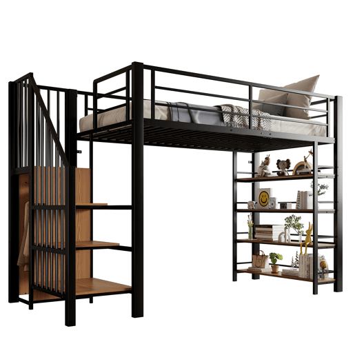 Cama alta 90*200 cm - Escada de segurança, arrumação e pequeno armário, prateleiras, design com cerca alta - Preto