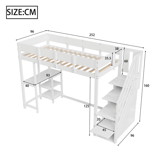 Cama alta multifuncional 90x200 cm - com arrumação, estrutura em madeira maciça de pinho, com estrado, para crianças e adolescentes - Branco