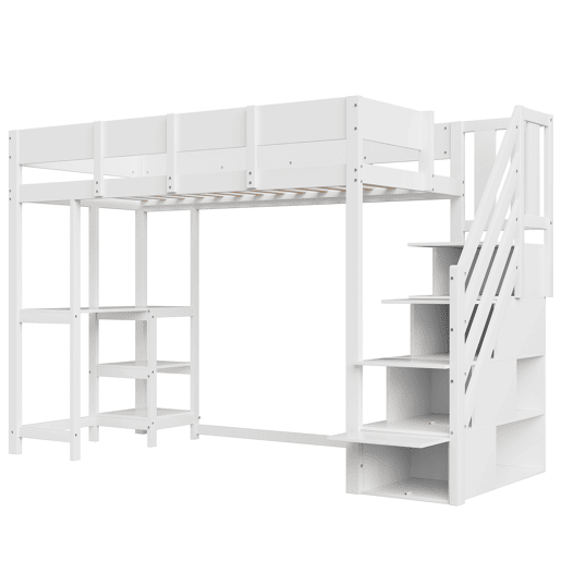 Cama alta multifuncional 90x200 cm - com arrumação, estrutura em madeira maciça de pinho, com estrado, para crianças e adolescentes - Branco