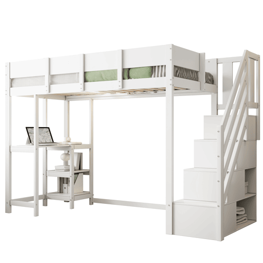 Cama alta multifuncional 90x200 cm - com arrumação, estrutura em madeira maciça de pinho, com estrado, para crianças e adolescentes - Branco