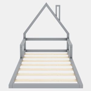 Cama infantil 90x200 cm - Cama baixa, em forma de casa, madeira de pinho, estilo simples - Cinza