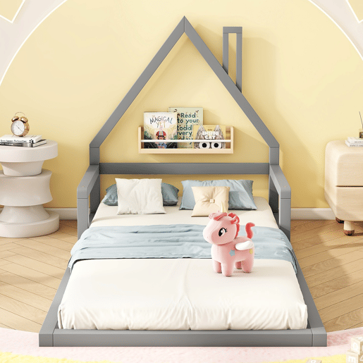 Cama infantil 90x200 cm - Cama baixa, em forma de casa, madeira de pinho, estilo simples - Cinza