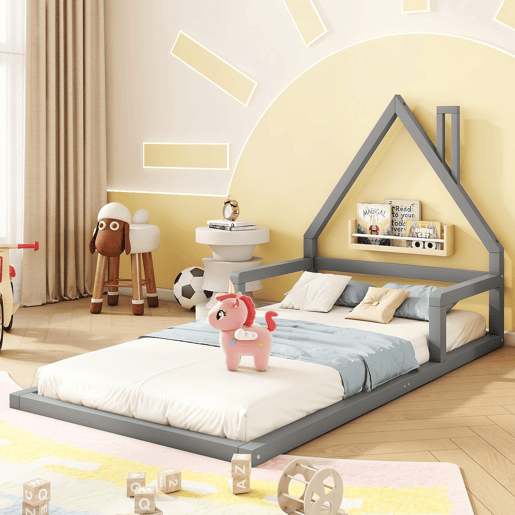 Cama infantil 90x200 cm - Cama baixa, em forma de casa, madeira de pinho, estilo simples - Cinza