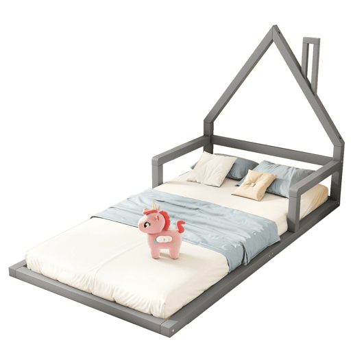 Cama infantil 90x200 cm - Cama baixa, em forma de casa, madeira de pinho, estilo simples - Cinza