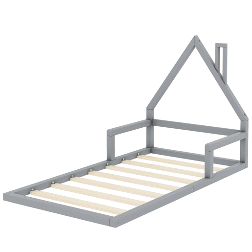 Cama infantil 90x200 cm - Cama baixa, em forma de casa, madeira de pinho, estilo simples - Cinza